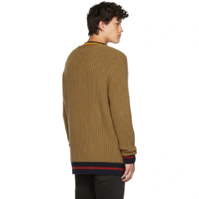 Shop The Elder Statesman Tan And Navy Striped Cardigan In Caramel