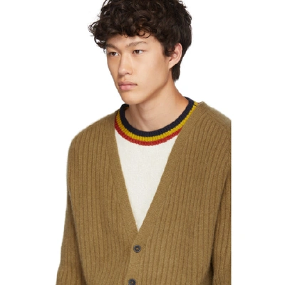 Shop The Elder Statesman Tan And Navy Striped Cardigan In Caramel