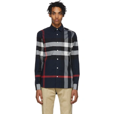 Shop Burberry Navy Check Windsor Shirt