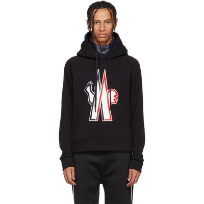 Shop Moncler Black Embroidered Logo Hoodie