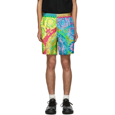 Shop Versace Blue Barocco Shorts