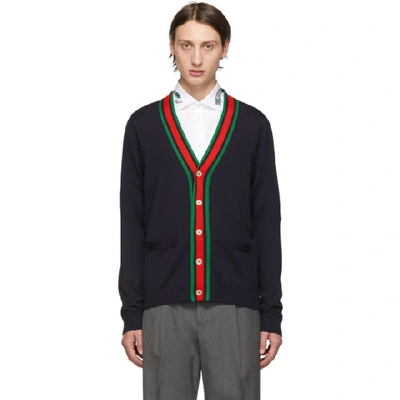 Shop Gucci Navy Wool Web Stripe Cardigan In 4548 Navy