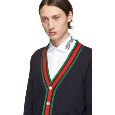Shop Gucci Navy Wool Web Stripe Cardigan In 4548 Navy