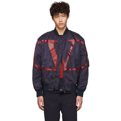 Shop Valentino Navy And Red Vlogo Bomber Jacket In Blrblu/ros