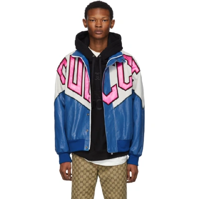 Gucci Men's Retro Logo Colorblock Leather Bomber Jacket In Blue | ModeSens