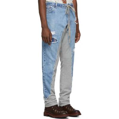 Shop Greg Lauren Blue And Grey 50/50 Denim/terry Jeans