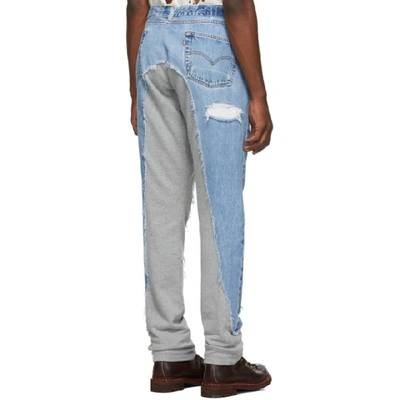 Shop Greg Lauren Blue And Grey 50/50 Denim/terry Jeans