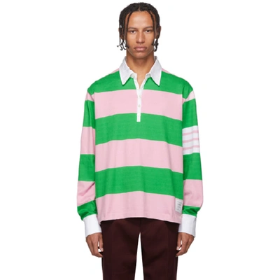 THOM BROWNE 绿色 AND 粉色四条纹大廓形长袖 POLO 衫