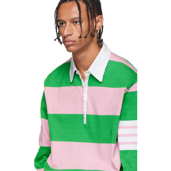 Thom Browne 4-bar Rugby Stripe Oversized Polo In Green ,pink | ModeSens