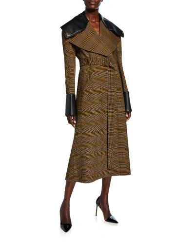 Shop Adeam Check Faux-leather Check Trim Belted Coat In Brown Pattern