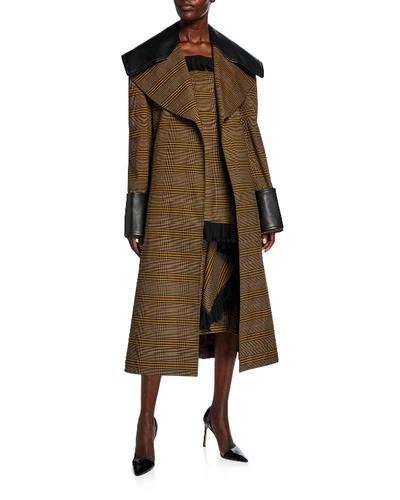 Shop Adeam Check Faux-leather Check Trim Belted Coat In Brown Pattern
