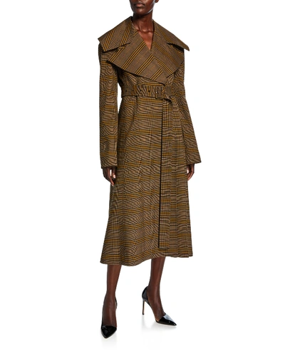 Shop Adeam Check Faux-leather Check Trim Belted Coat In Brown Pattern