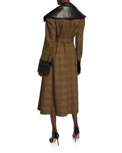 Shop Adeam Check Faux-leather Check Trim Belted Coat In Brown Pattern