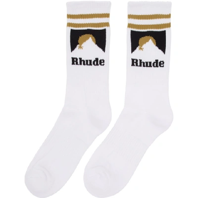 Shop Rhude White And Gold Mountain Logo Socks In Whtblkgld