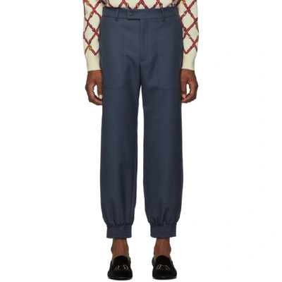 Shop Gucci Blue Drill Patch Pocket Military Trousers In 4050 Ironbl