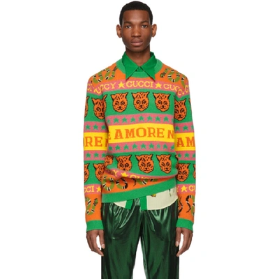 Shop Gucci Orange And Green Wool Jacquard Symbols Sweater In 7548orange
