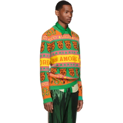 GUCCI 橙色 AND 绿色羊毛提花标志毛衣