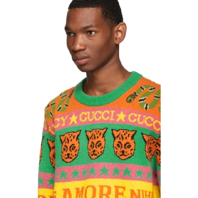 Shop Gucci Orange And Green Wool Jacquard Symbols Sweater In 7548orange