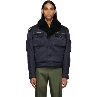 Shop Prada Navy Shearling Field Bomber Jacket