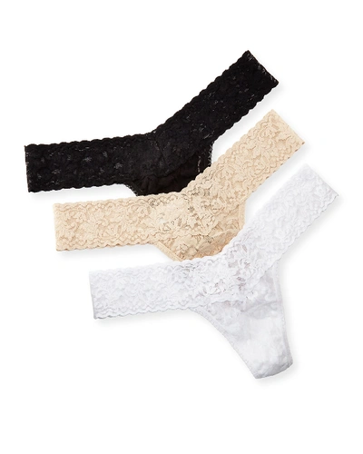 Shop Hanky Panky Three-pack Low-rise Signature Lace Thong In Black-white-chai