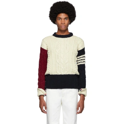 Shop Thom Browne White Aran Cable Knit Crewneck Sweater In 960 Rwbwht