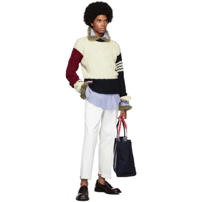 Shop Thom Browne White Aran Cable Knit Crewneck Sweater In 960 Rwbwht