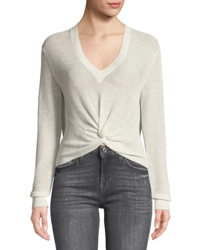Shop Veronica Beard Soren Twist-front V-neck Long-sleeve Rib Sweater In Ivory