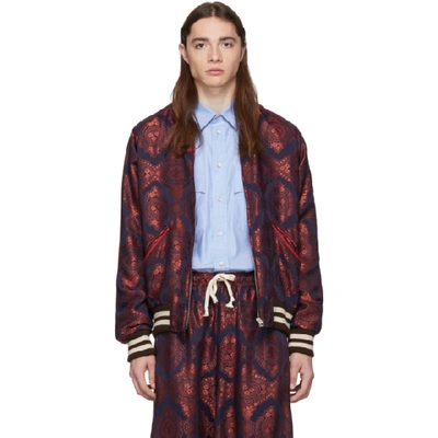 Shop Gucci Red And Navy Baroque Jacquard Bomber Jacket In 4956 Red