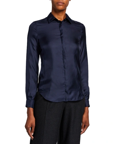 Shop Agnona Silk Twill Button-front Blouse In Navy