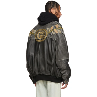 Shop Gucci Black Leather Applique Bomber Jacket In 2130 Brown
