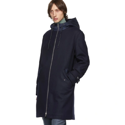 Shop Kenzo Navy Wool Nylon Hooded Coat In 76 Navy