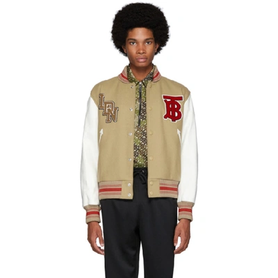 Shop Burberry Beige And White Wool And Leather Padfield Bomber Jacket In Honey