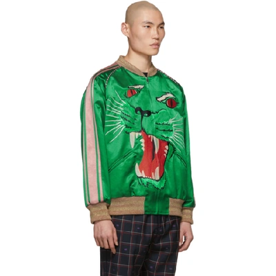 Shop Gucci Green Panther Bomber Jacket In 3101hntgrn