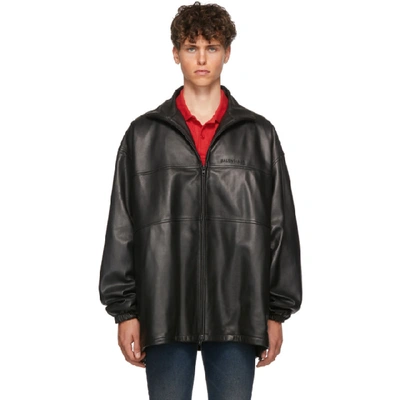 Shop Balenciaga Black Leather Zip-up Track Jacket