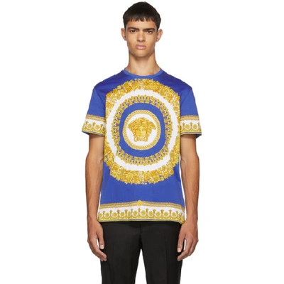 Shop Versace Blue And Yellow Barocco Print T-shirt In A741 Blue