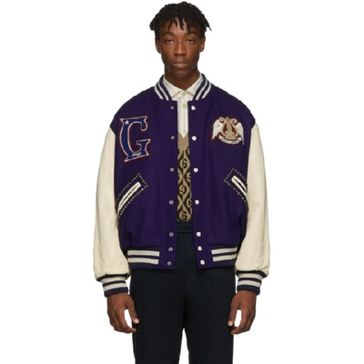 Shop Gucci Blue & Off-white ' Band' Varsity Jacket In 5062 Blue