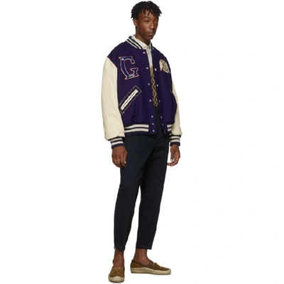 Shop Gucci Blue & Off-white ' Band' Varsity Jacket In 5062 Blue