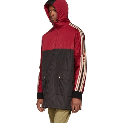 Shop Gucci Red And Black Nylon Logo Stripe Coat In 6055jupblk