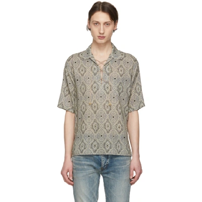 Shop Saint Laurent Beige Wool Persian Carpet Lace-up Shirt