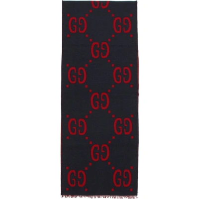 Shop Gucci Blue And Red Gg Jacquard Scarf In 4074 Blue