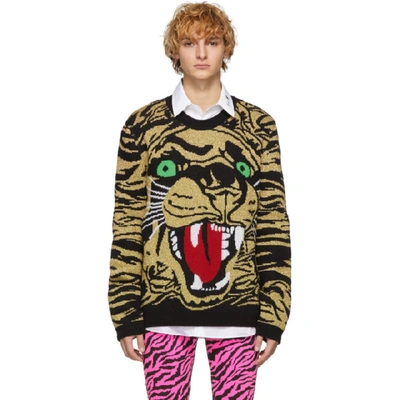 Shop Gucci Black & Gold Jacquard Tiger Sweater