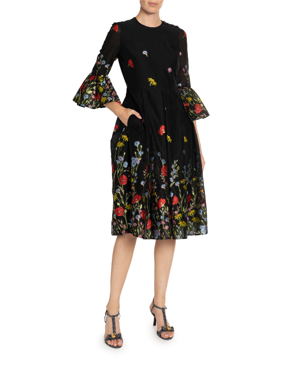 Erdem Irvine Floral-jacquard Trumpet-sleeve Dress In Black Multi | ModeSens