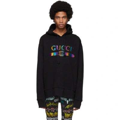 Shop Gucci Black Rainbow Logo Hoodie In 1082blkmult