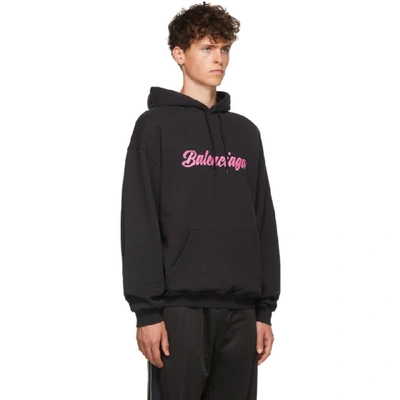 Shop Balenciaga Black Glossy Logo Back Pulled Hoodie In 8465 Blkpnk