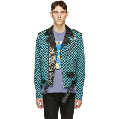 Shop Amiri Blue And Black Artist Checkered Biker Jacket In Aqb Aqua/bl