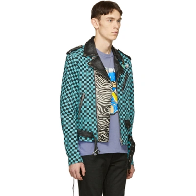 Shop Amiri Blue And Black Artist Checkered Biker Jacket In Aqb Aqua/bl