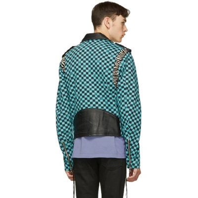 Shop Amiri Blue And Black Artist Checkered Biker Jacket In Aqb Aqua/bl