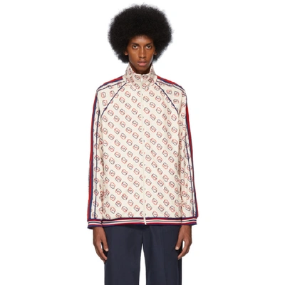 Shop Gucci Off-white Interlocking G Print Zip-up Sweater In 9744 Navy