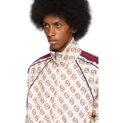 Shop Gucci Off-white Interlocking G Print Zip-up Sweater In 9744 Navy