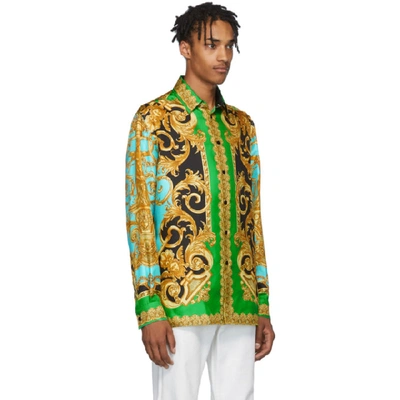 Shop Versace Green And Blue Silk Barocco Homme Shirt In A78y Verazu